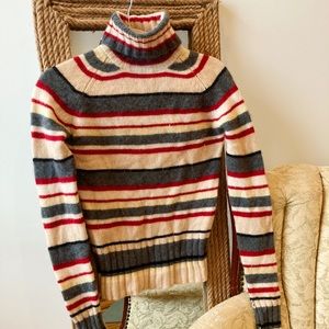 Long sleeve red, gray, and cream turtleneck 100% cashmere